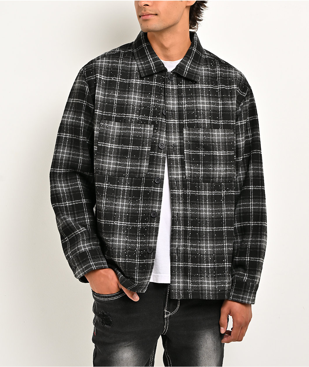 Ninth Hall Solitaire Rhinestone Black & Grey Flannel Shirt