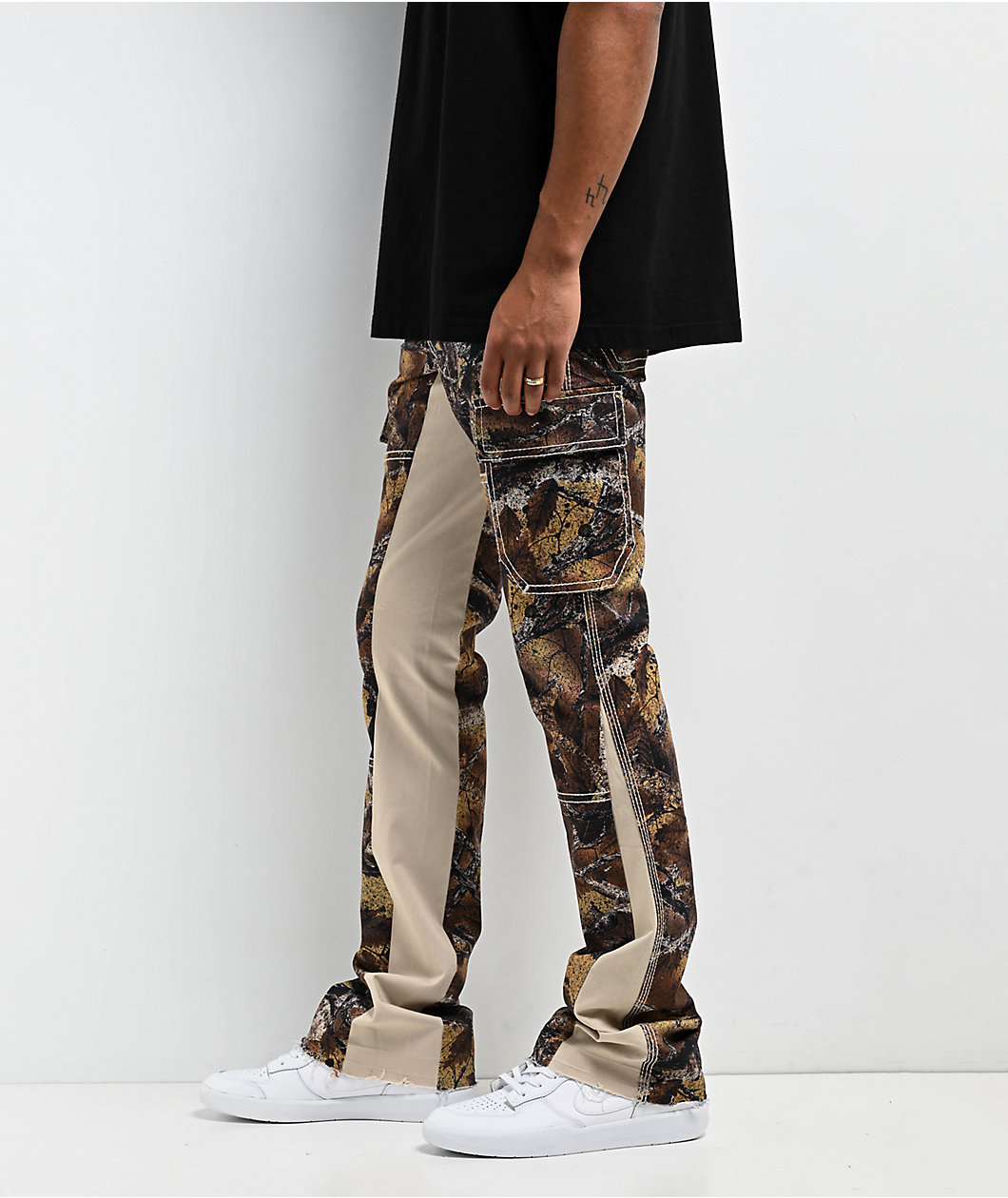 Ninth Hall Stacked Flare Beige Camo Cargo Pants