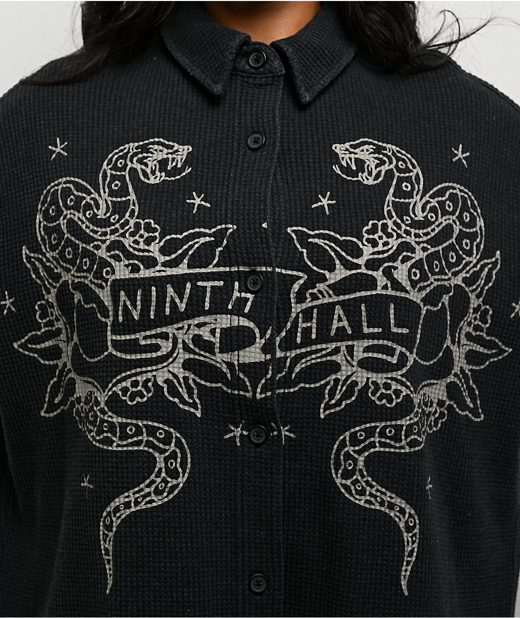 Ninth Hall Stencil Black Thermal Long Sleeve Button Up Shirt