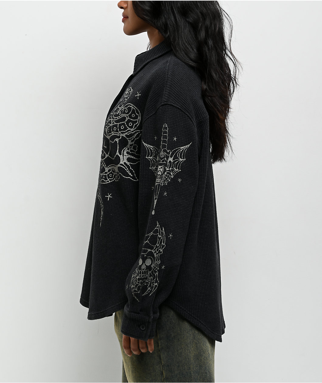 Ninth Hall Stencil Black Thermal Long Sleeve Button Up Shirt