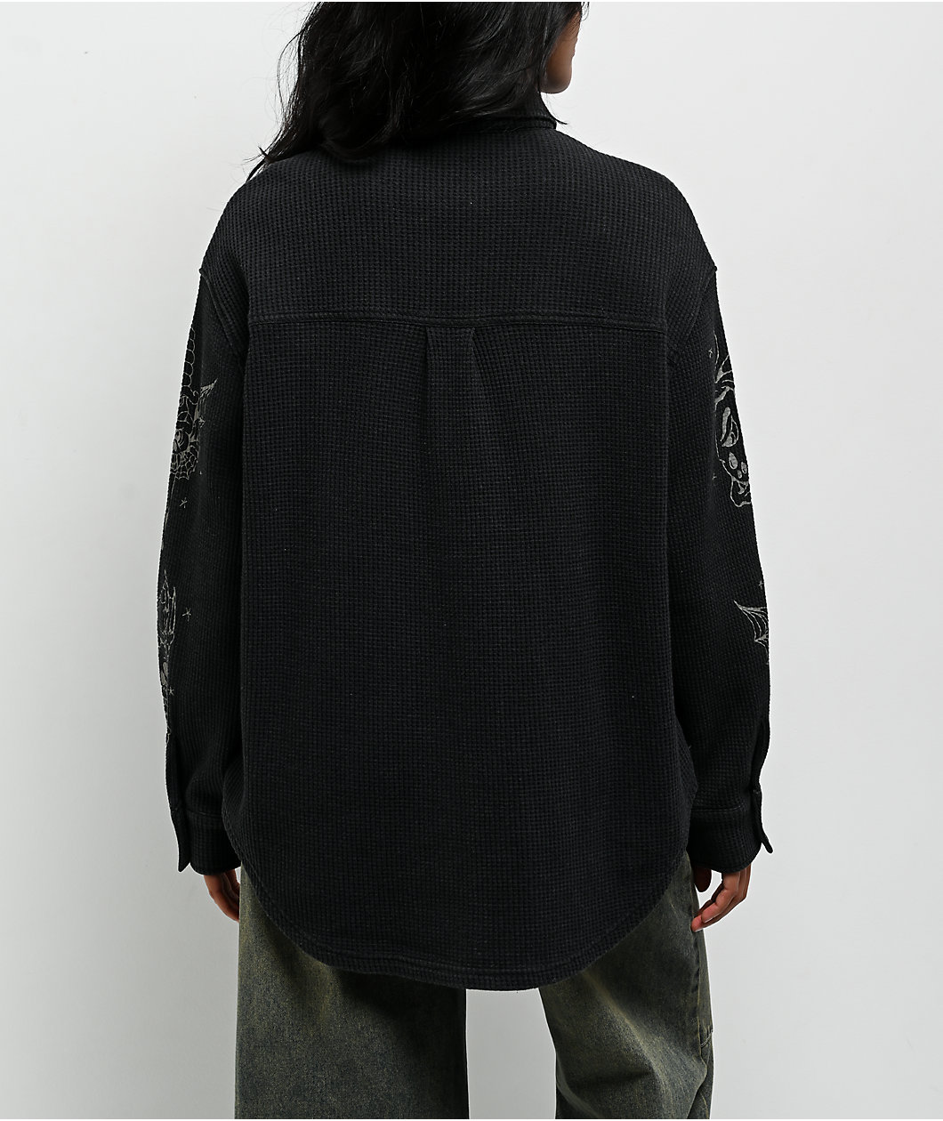 Ninth Hall Stencil Black Thermal Long Sleeve Button Up Shirt