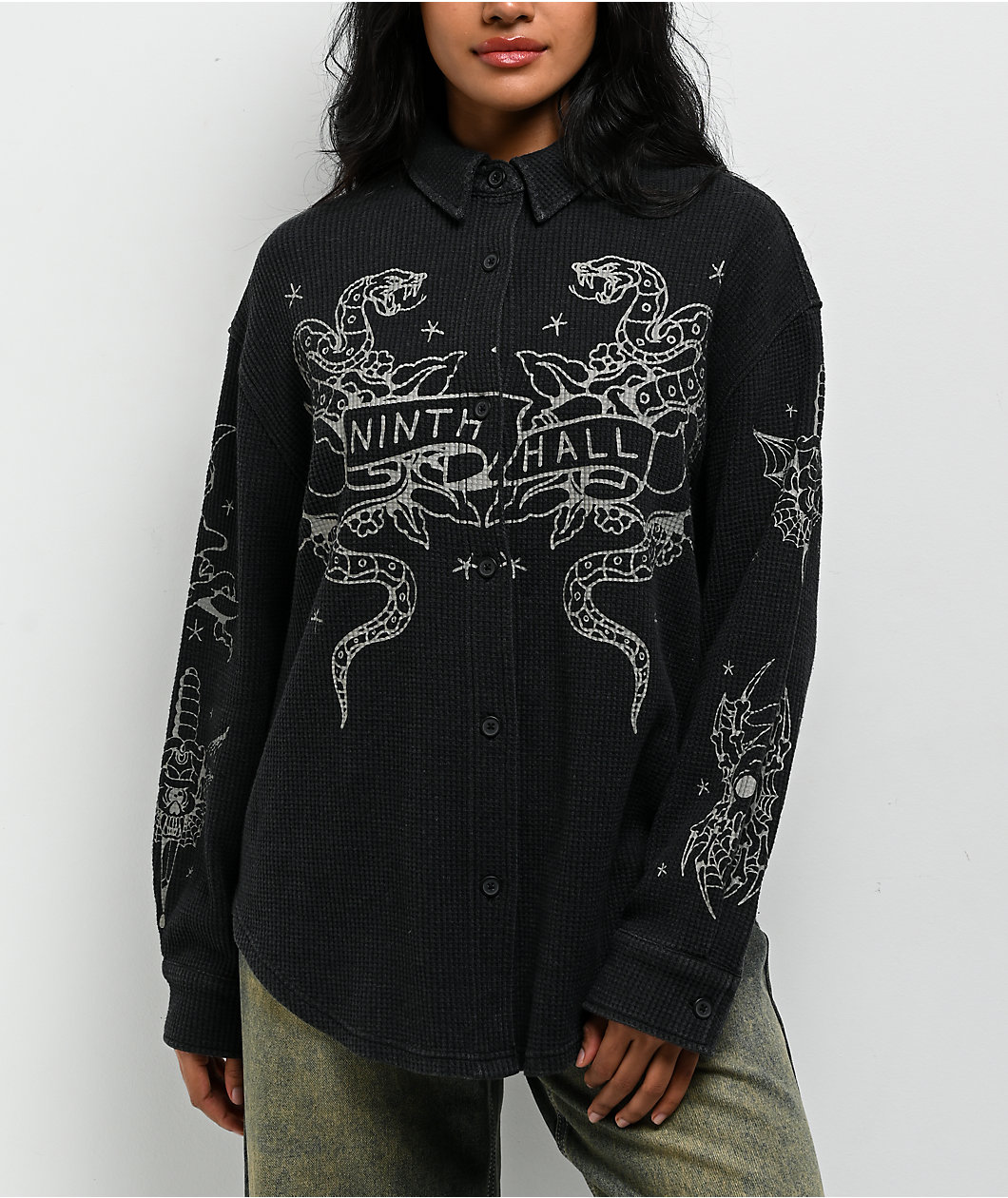 Ninth Hall Stencil Black Thermal Long Sleeve Button Up Shirt