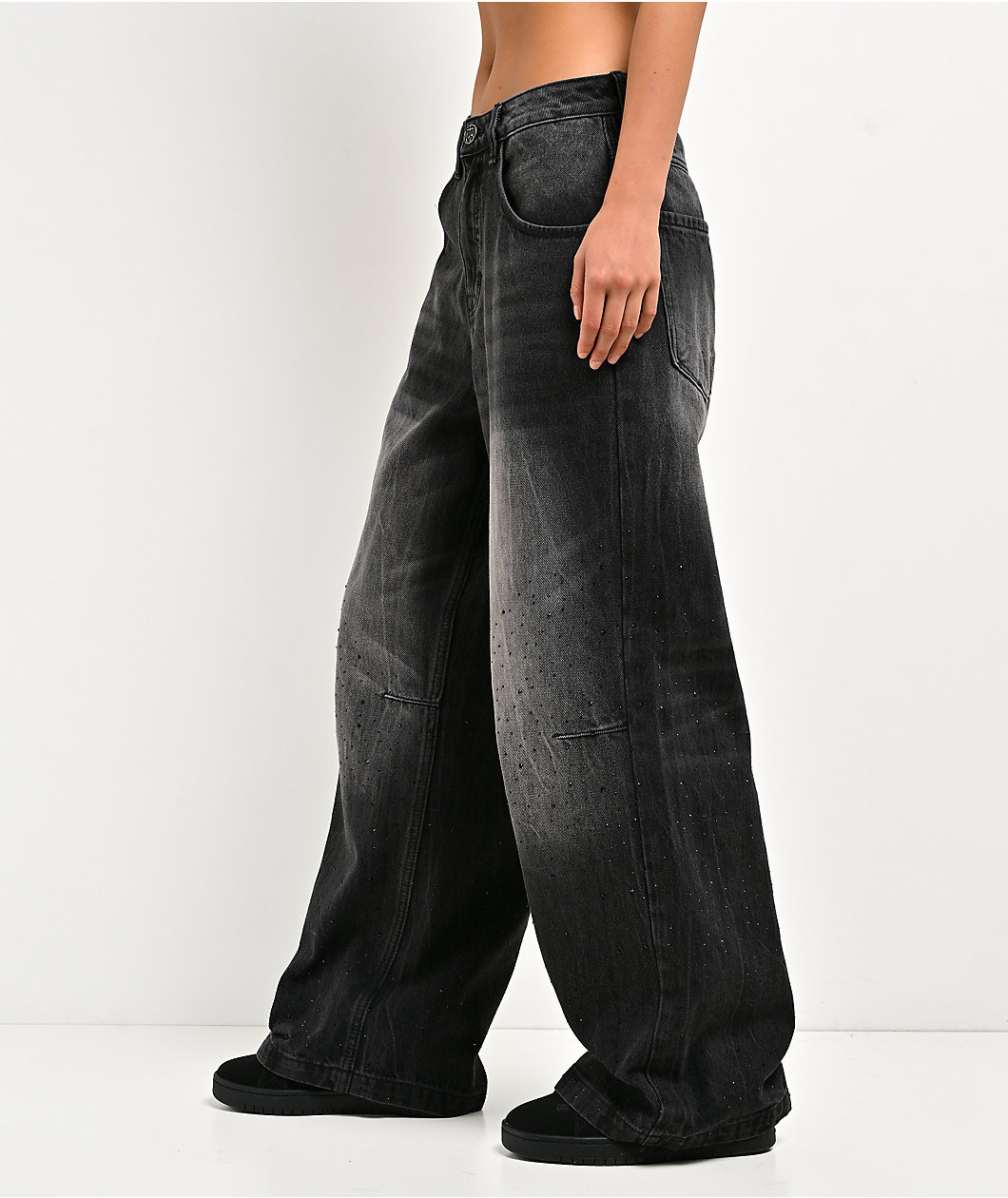 Ninth Hall Trina Rhinestone Black Wash Wide Leg Jeans