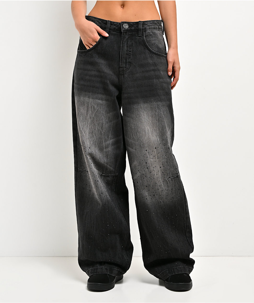 Ninth Hall Trina Rhinestone Black Wash Wide Leg Jeans