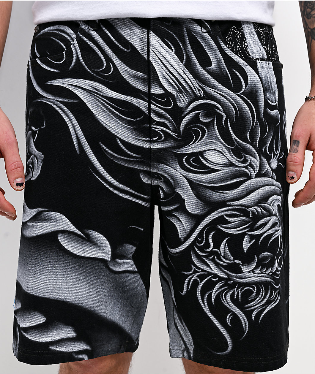 Ninth Hall Waylay Dragon Black Raw Denim Shorts