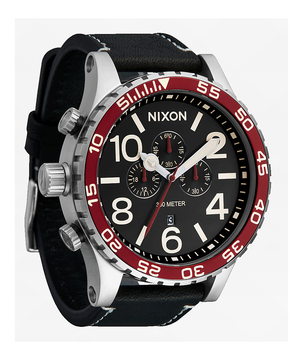 Nixon 51-30 Chrono Leather Silver, Black, & Cranberry Analog Watch