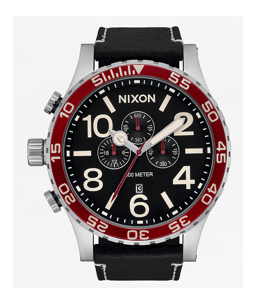 Nixon 51-30 Chrono Leather Silver, Black, & Cranberry Analog Watch