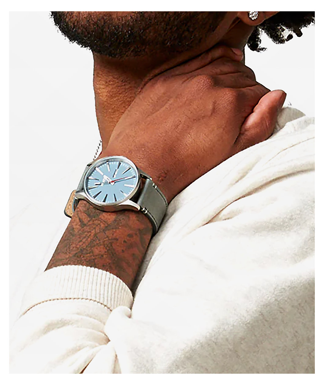 Nixon Sentry Leather, Silver & Dusty Blue Analog Watch