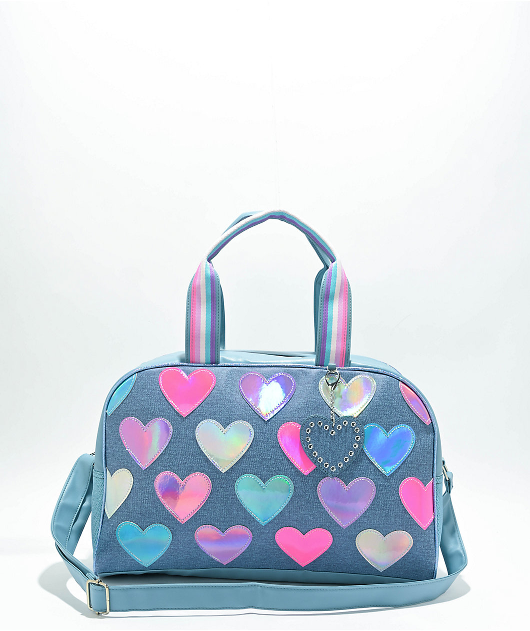 OMG Accessories Metallic Heart Patched Denim Duffle Bag