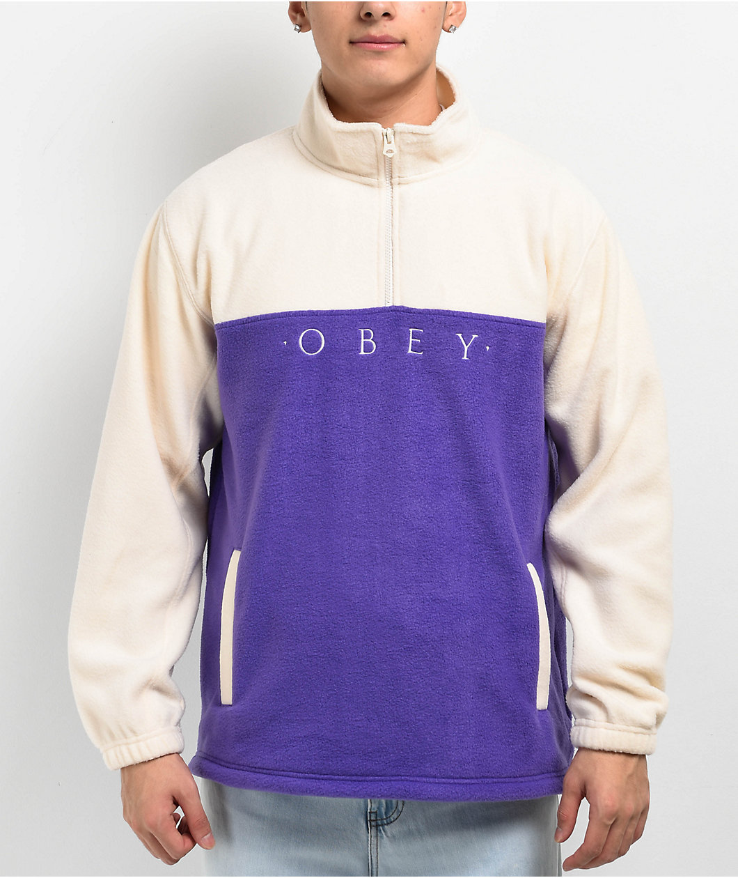 Obey Channel Purple & Tan Fleece Quarter Zip Sweatshirt