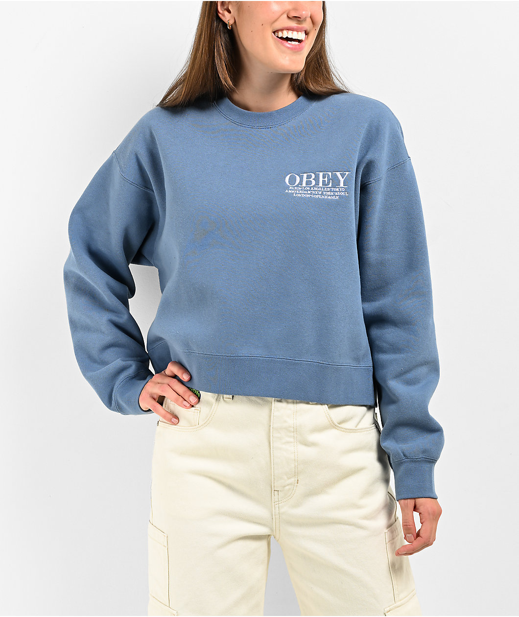 Obey Cities Coronet Blue Crop Crewneck Sweatshirt