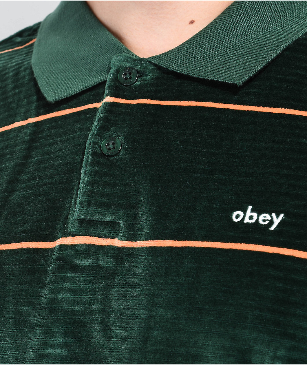 Obey Fete Green Velour Long Sleeve Polo Shirt