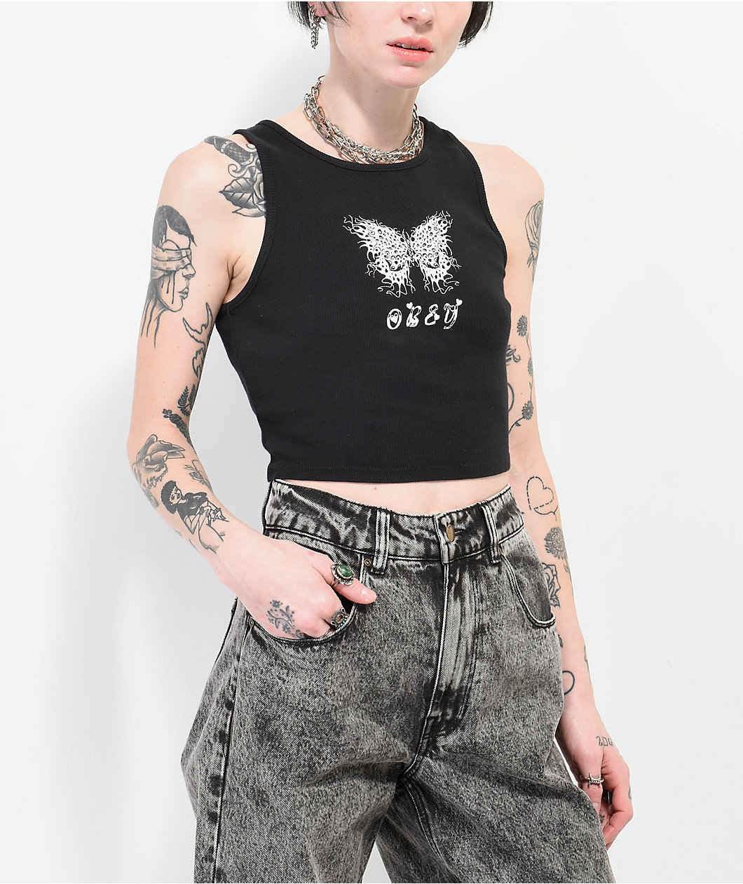 Obey Flaming Butterfly Black Ribbed Crop Tank Top