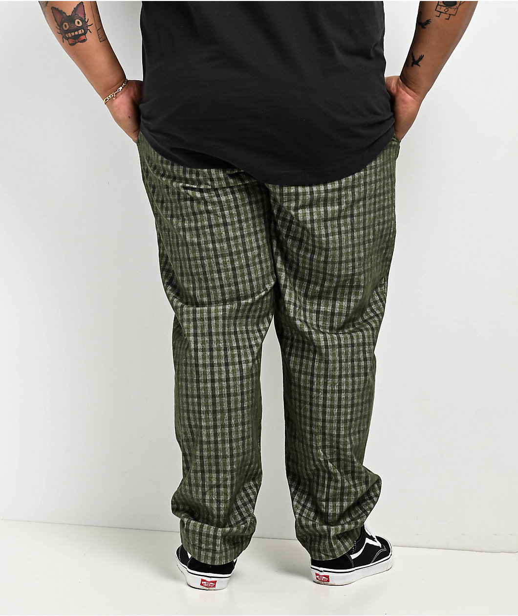 Obey Fubar Pleated Plaid Green Kombu Corduroy Pants