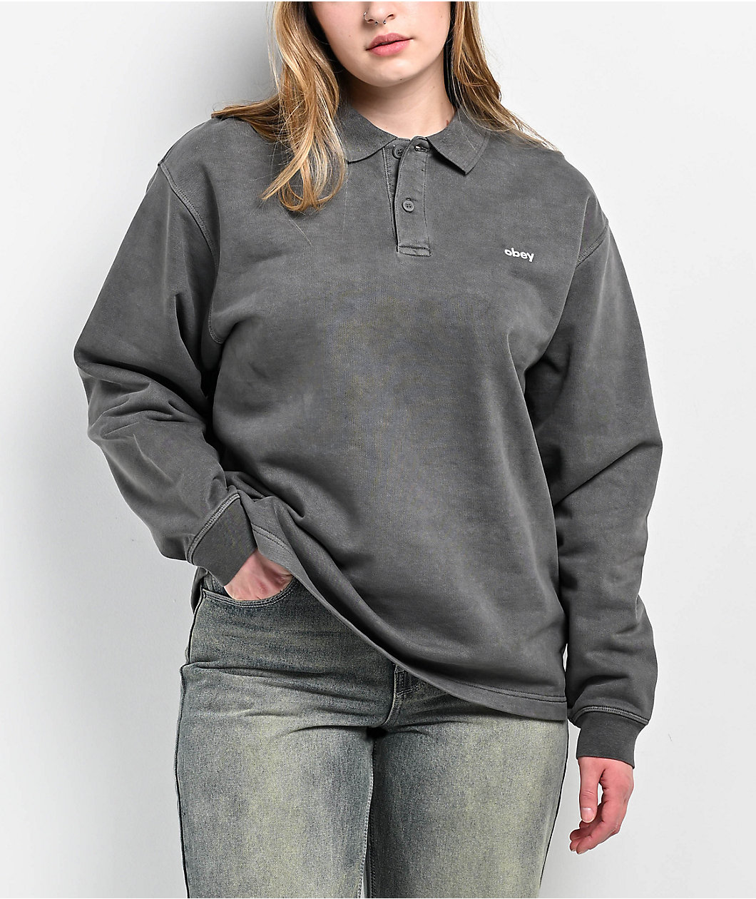 Obey Lowercase Black Pigment Dye Long Sleeve Polo Shirt