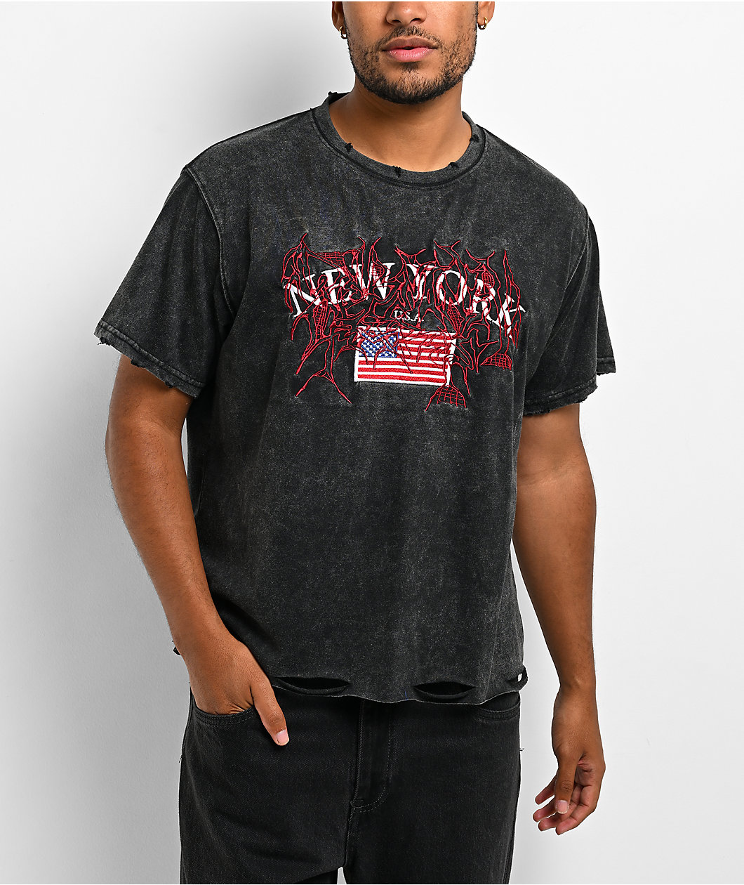 Personal Fears Bootleg NY Distressed Black Wash Crop T-Shirt