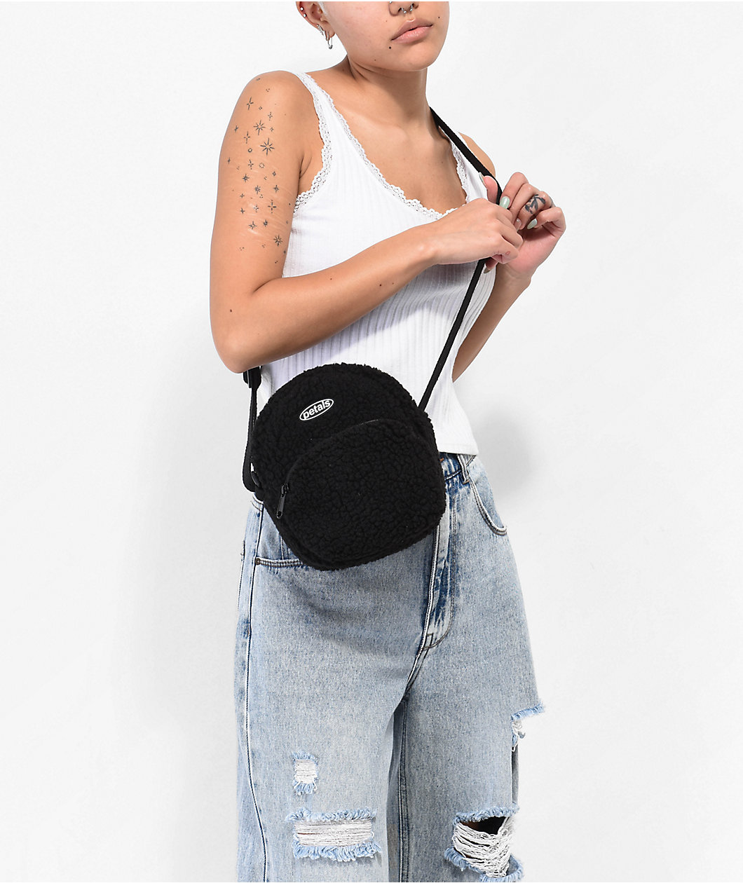 Petals & Peacocks Black Sherpa Shoulder Bag