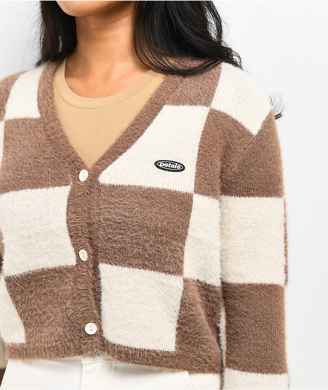 Petals by Petals & Peacocks Brown Checkered Crop Cardigan