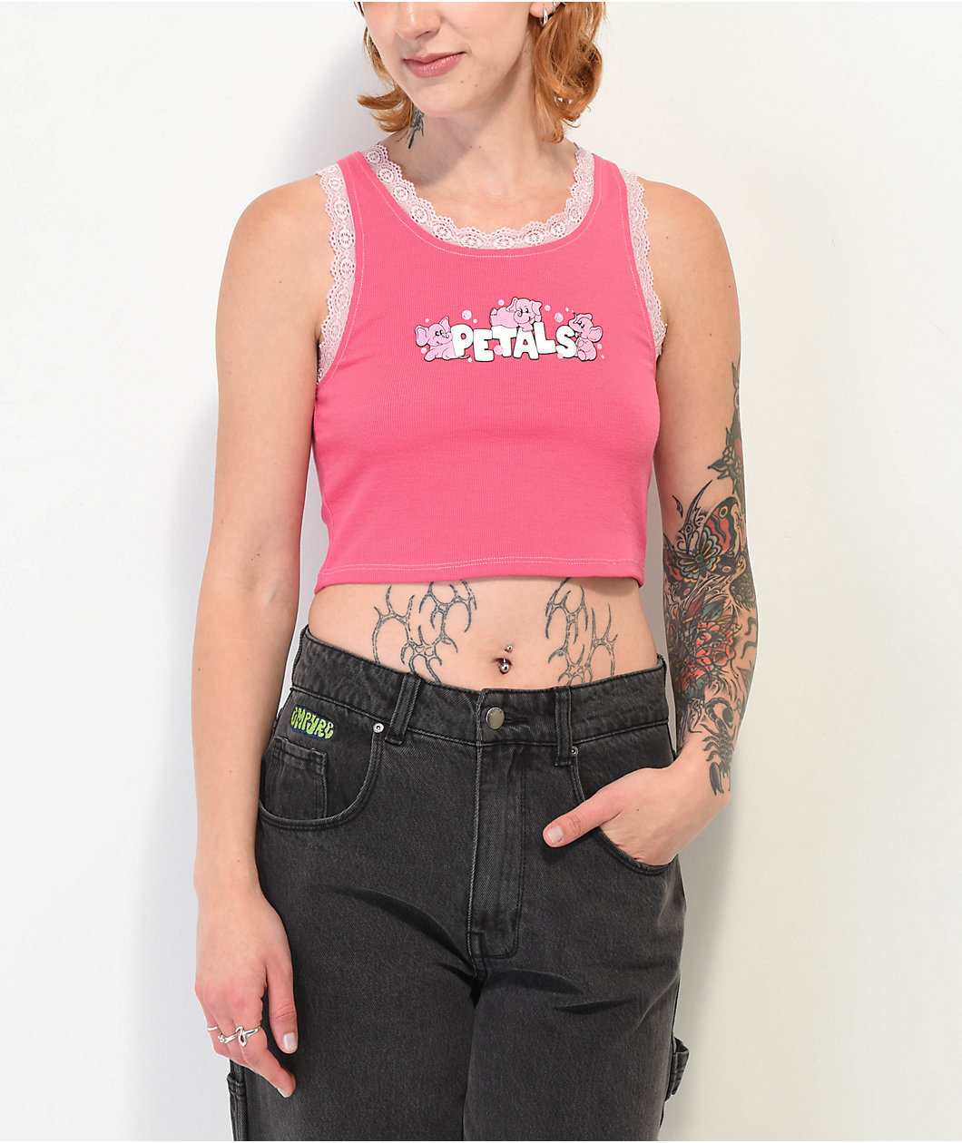 Petals by Petals & Peacocks Elephant Lace Trim Pink Crop Tank Top