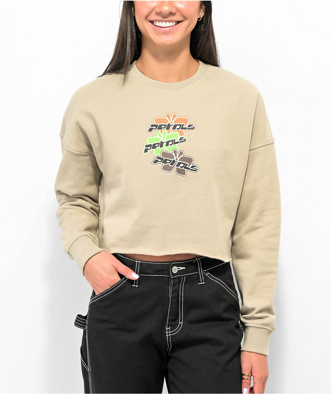 Petals by & Peacocks Technobutterfly Olive Crop Crewneck Sweatshirt