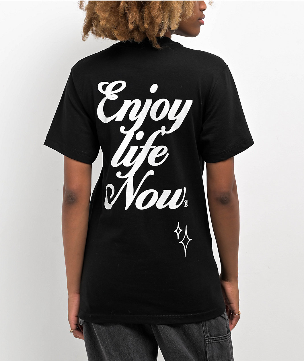 Petals by Petals and Peacocks Enjoy Life Black T-Shirt