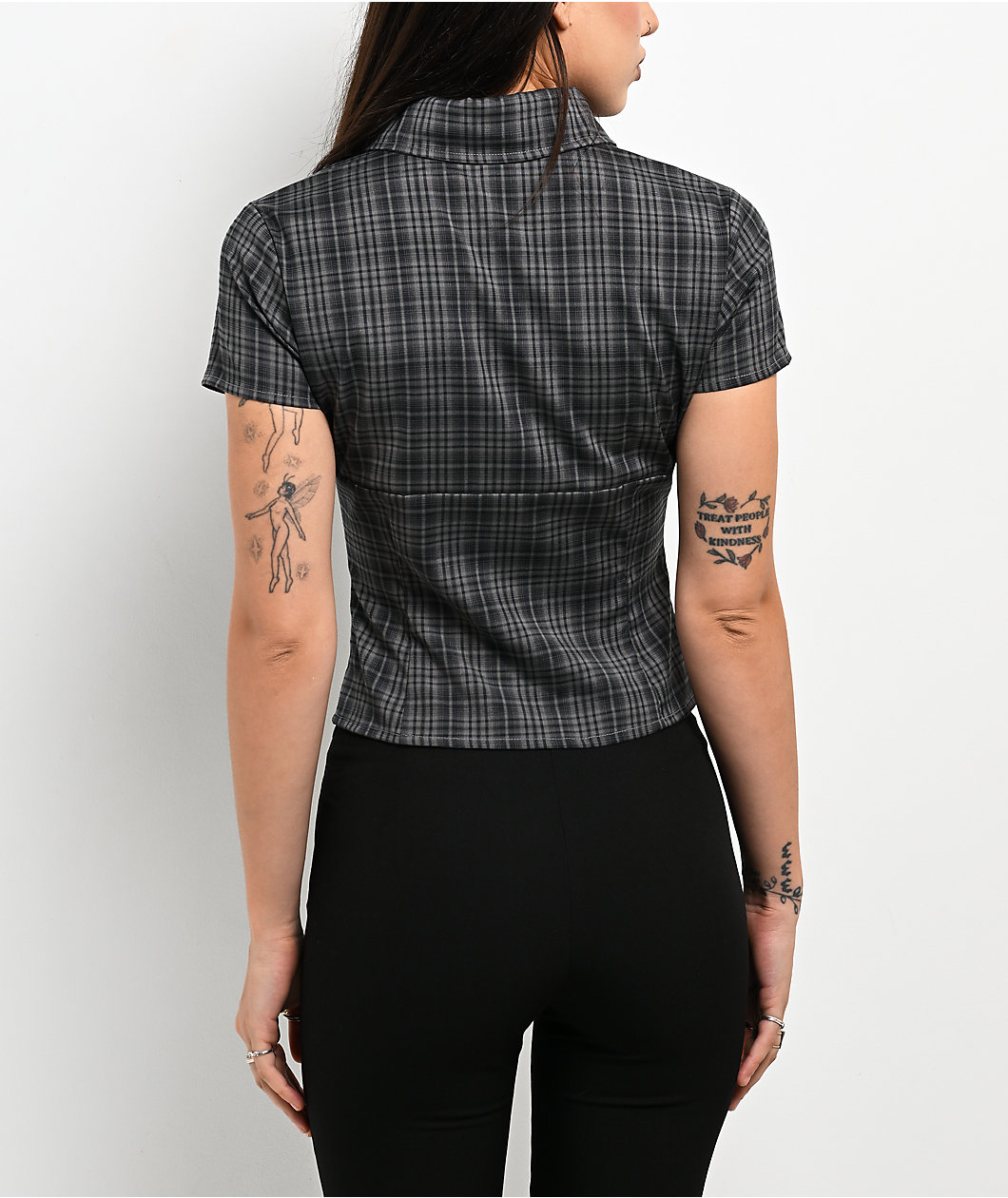 Pretty Garbage Colette Navy Plaid Crop Button Up Shirt