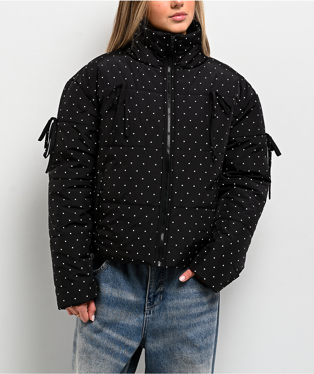 Pretty Garbage Daisy Polka Dot Black Crop Puffer Jacket