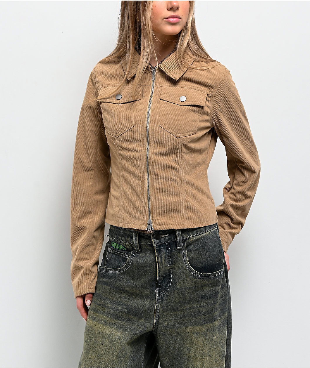 Pretty Garbage Jinny Khaki Corduroy Crop Jacket