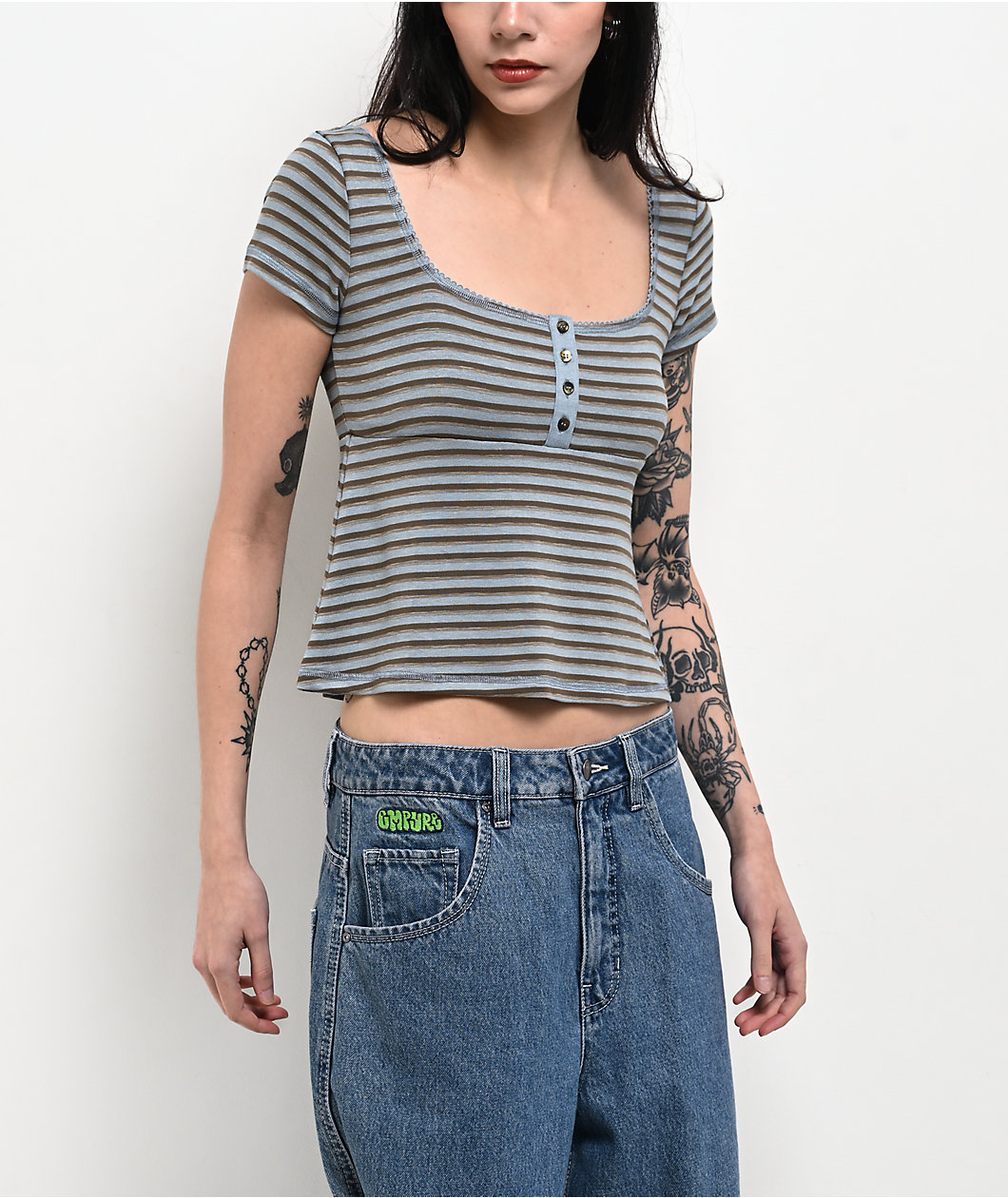 Pretty Garbage Juno Blue Henley Crop T-Shirt