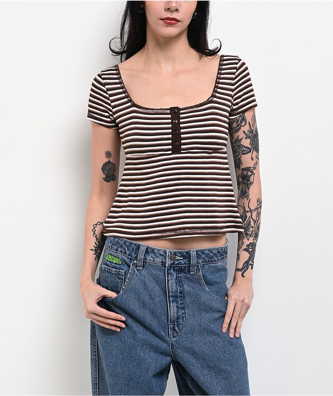 Pretty Garbage Juno Brown Henley Crop T-Shirt