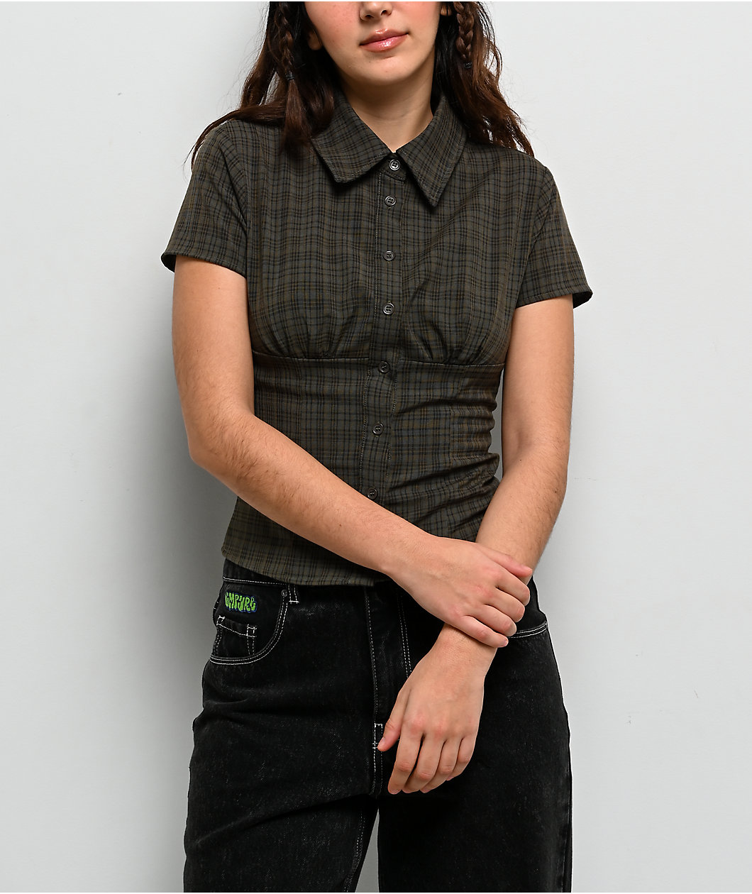 Pretty Garbage Loraine Olive Button Up Crop Top
