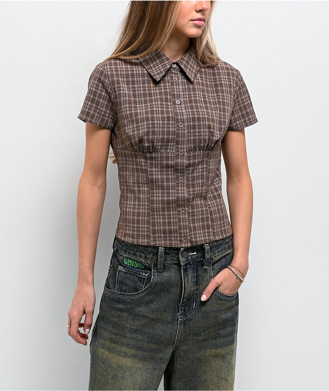 Pretty Garbage Lorane Brown Plaid Crop Button Up Shirt