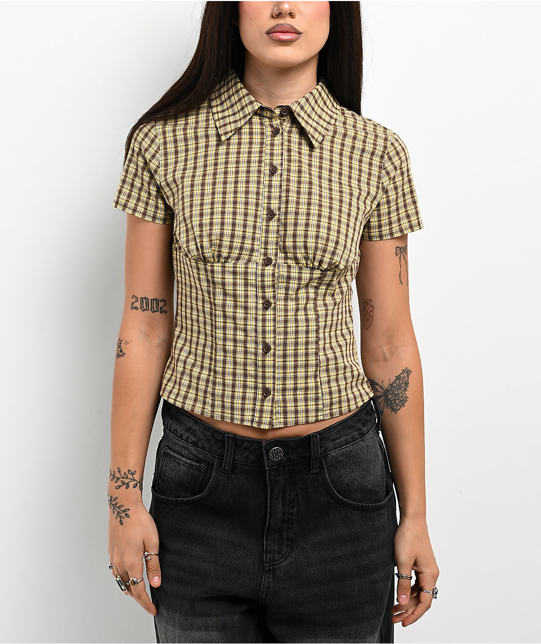 Pretty Garbage Lorane Yellow Plaid Crop Button Up Shirt
