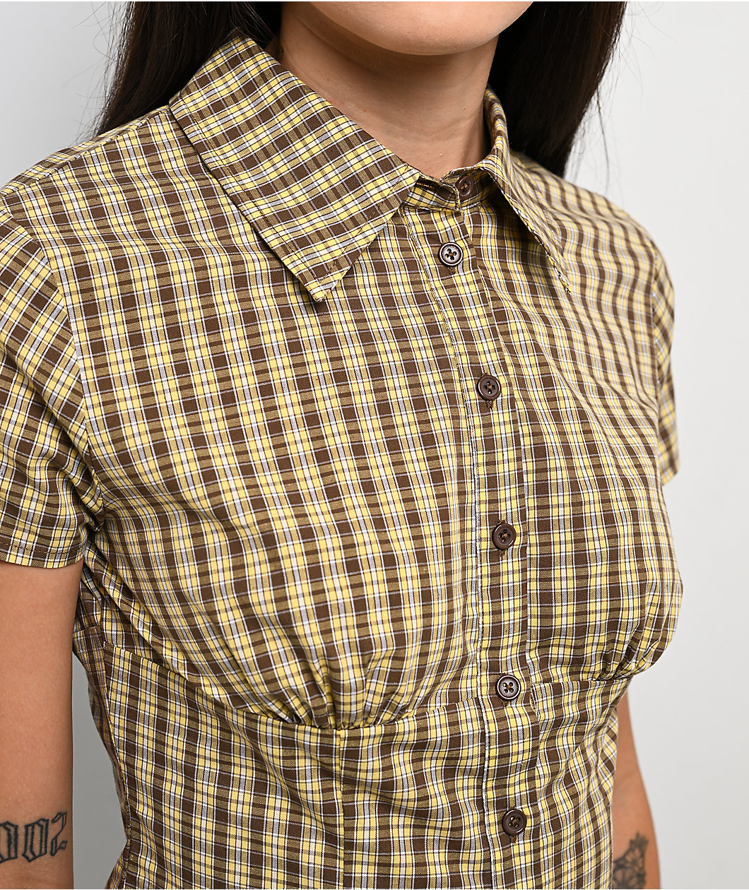 Pretty Garbage Lorane Yellow Plaid Crop Button Up Shirt
