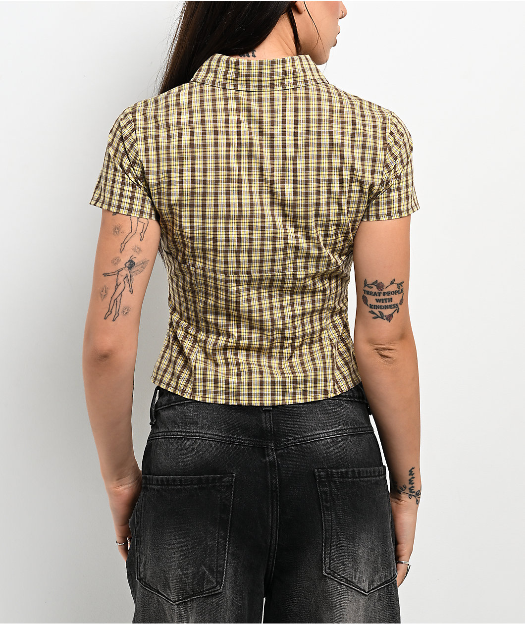 Pretty Garbage Lorane Yellow Plaid Crop Button Up Shirt