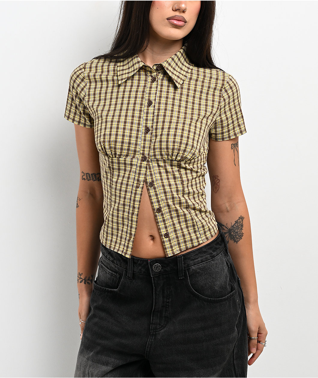 Pretty Garbage Lorane Yellow Plaid Crop Button Up Shirt