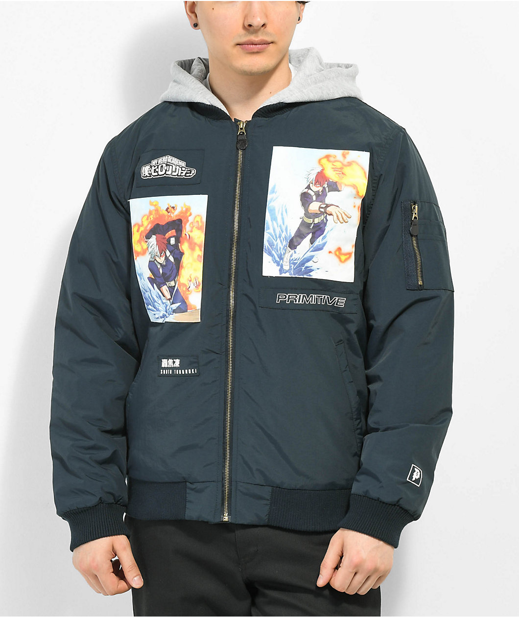 Primitive x My Hero Academia Shoto Todoroki Navy Blue & Grey Hooded Bomber Jacket