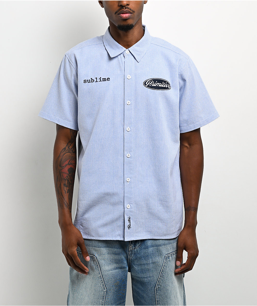 Primitive x Sublime Day Shift Blue Stripe Short Sleeve Button Up Shirt