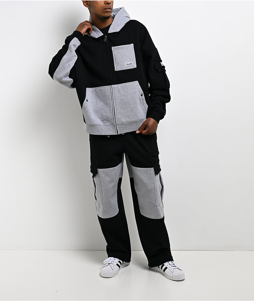 Pro Club Color Block Black & Grey Heavyweight Cargo Sweatpants