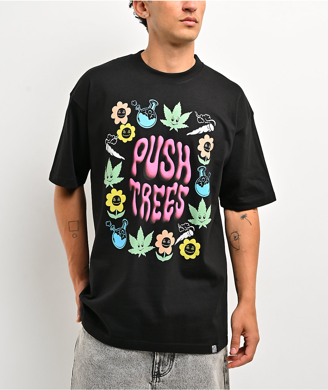 Push Trees Flower Power Black T-Shirt