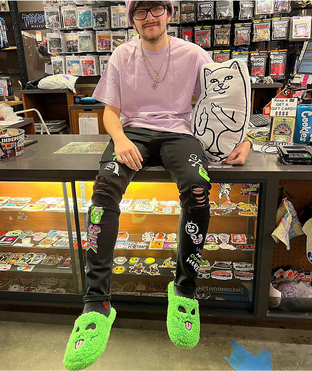 RIPNDIP Alien Face Green Fuzzy Slide Slippers