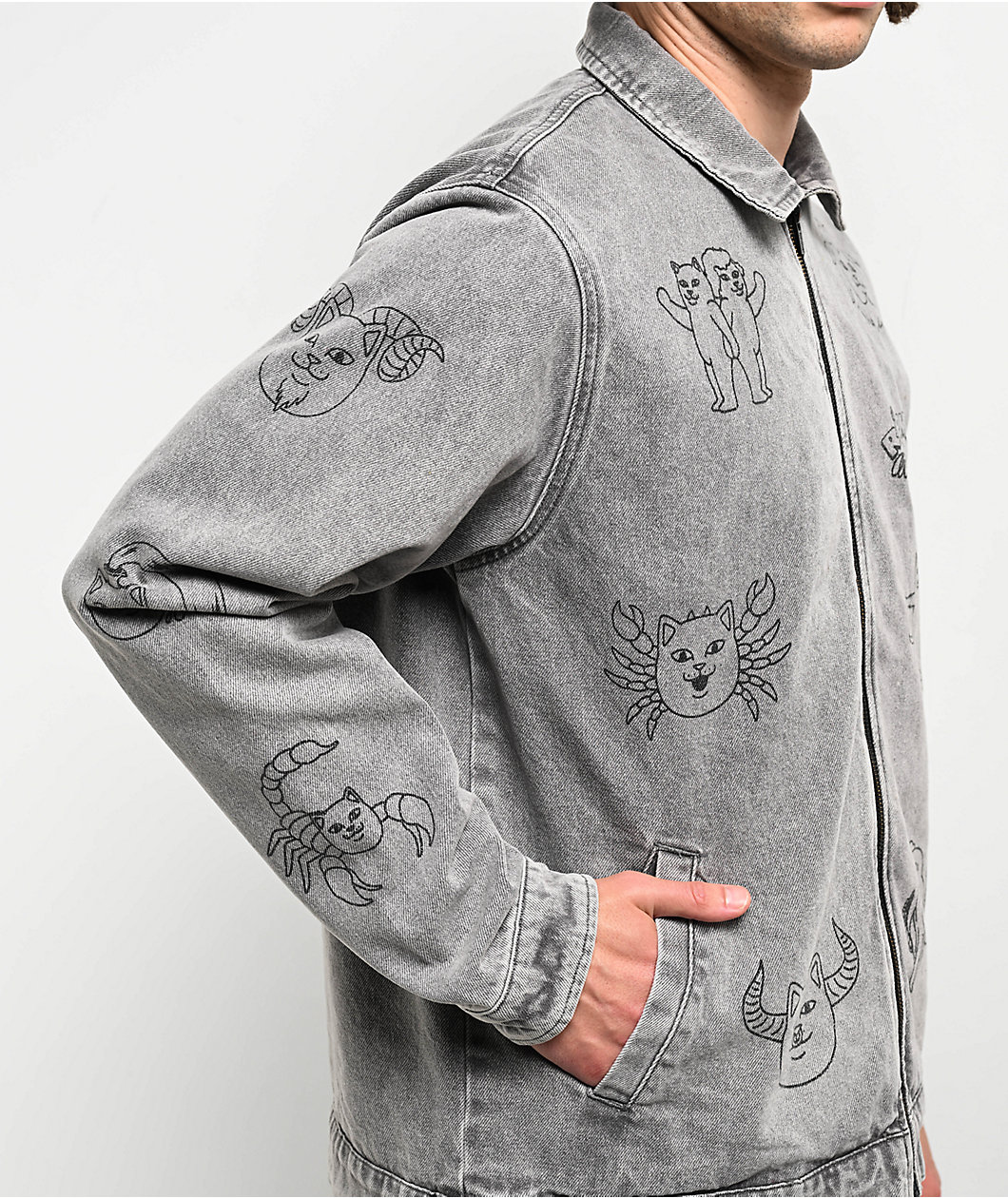 RIPNDIP x Walter Mercado Zodiac Mucho Grey Wash Denim Work Jacket