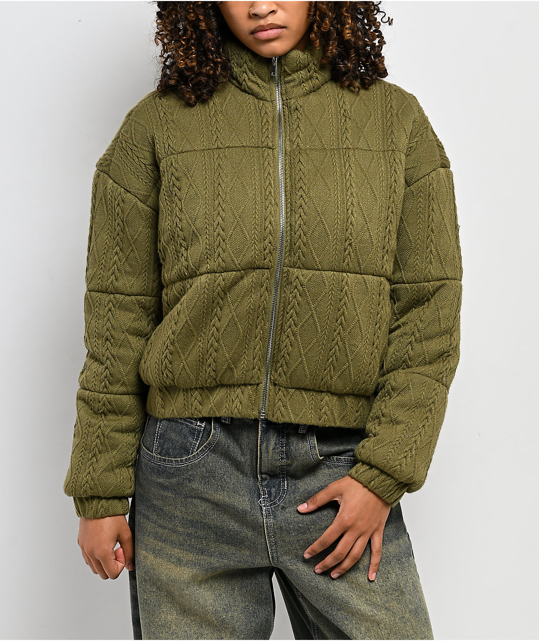 Rebel Veil Cable Knit Green Puffer Jacket