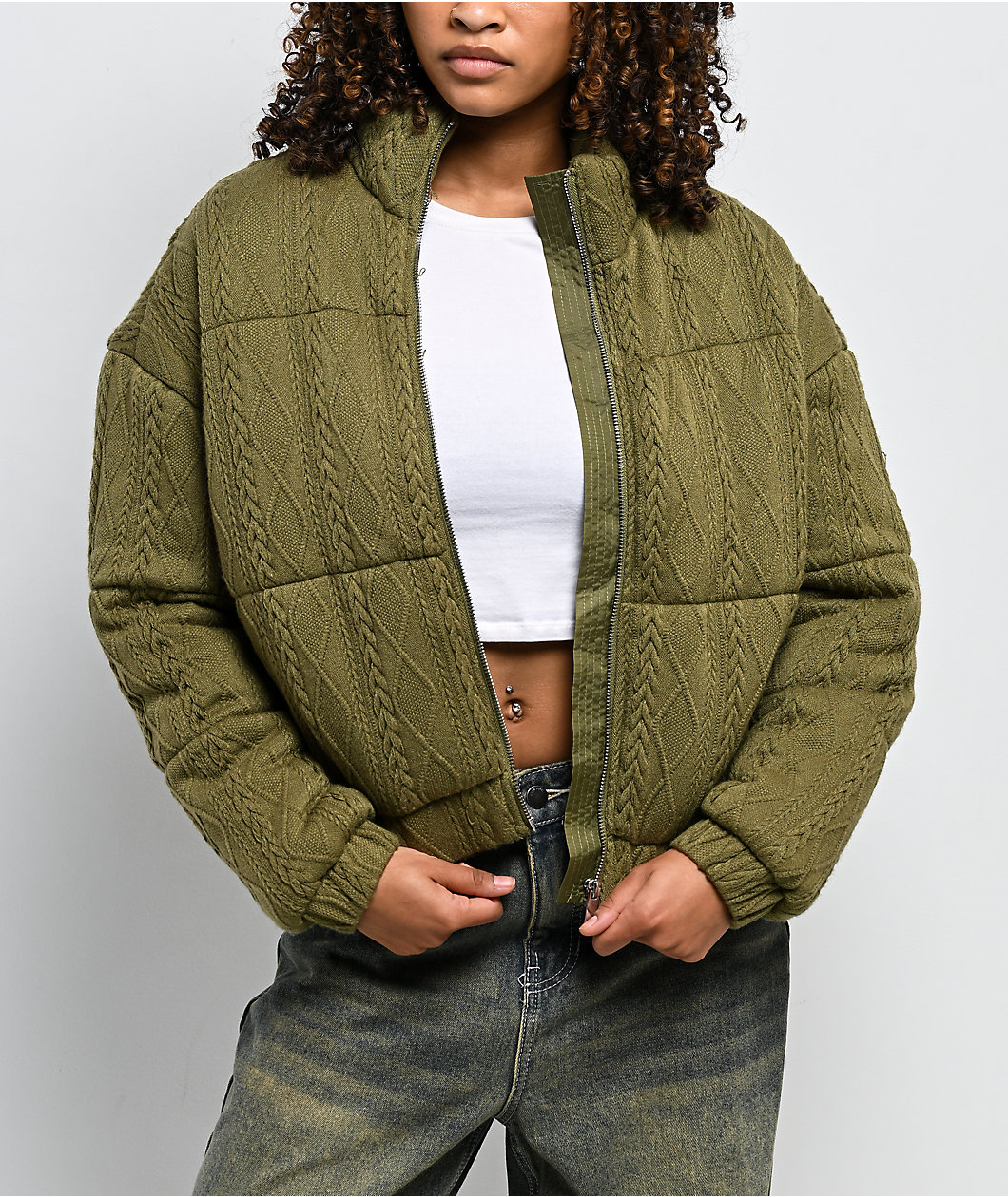 Rebel Veil Cable Knit Green Puffer Jacket
