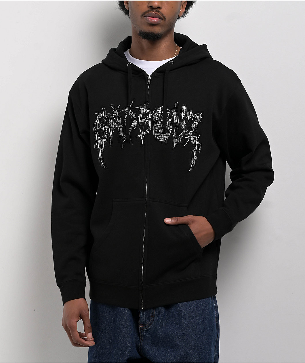 SAD BOYZ By Junior H Rhinestone Logo Black Zip Hoodie