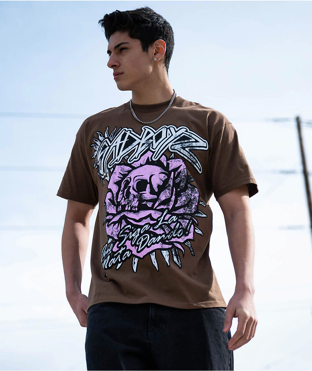 SAD BOYZ by Junior H Pink Roses Brown T-Shirt