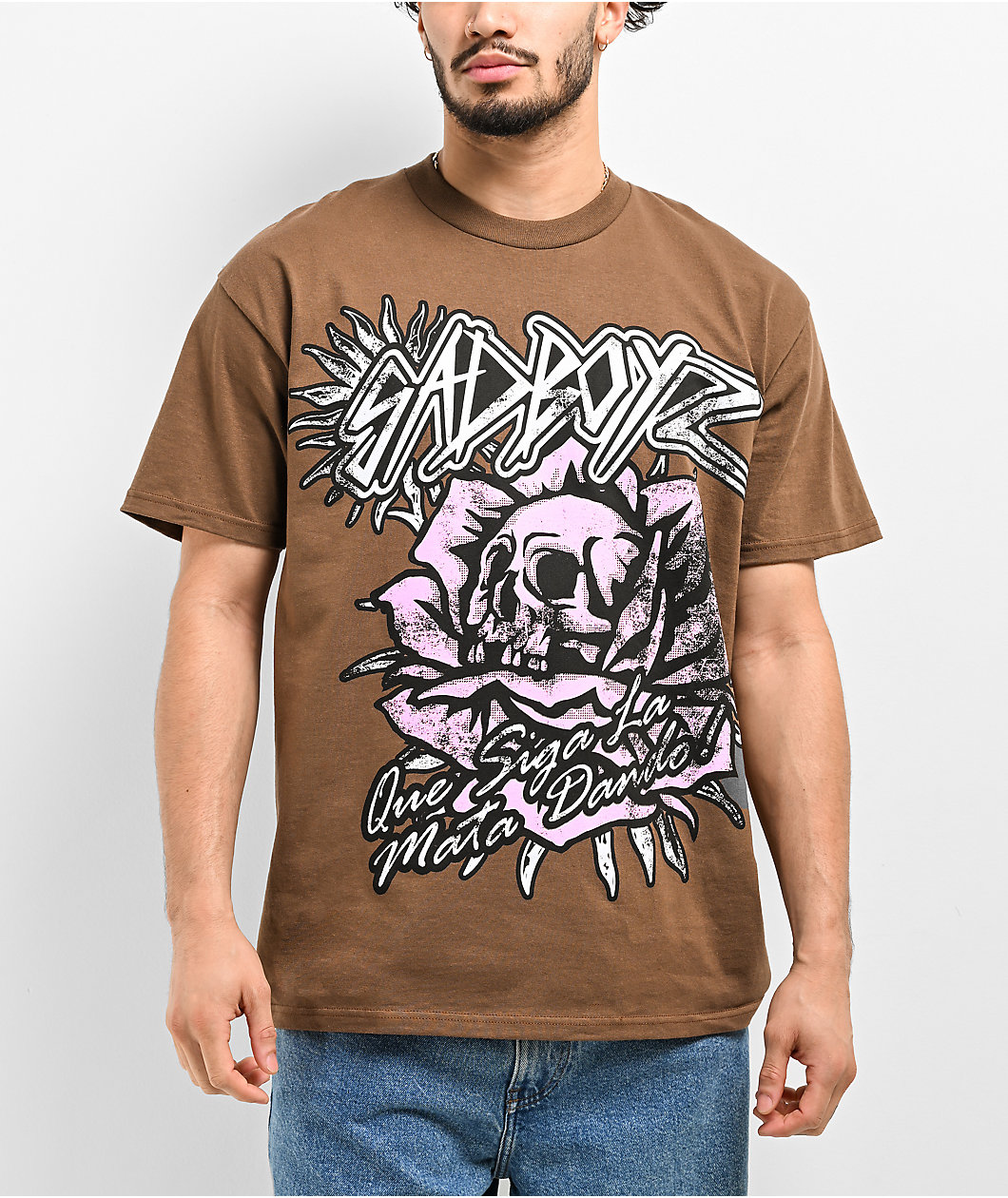 SAD BOYZ by Junior H Pink Roses Brown T-Shirt