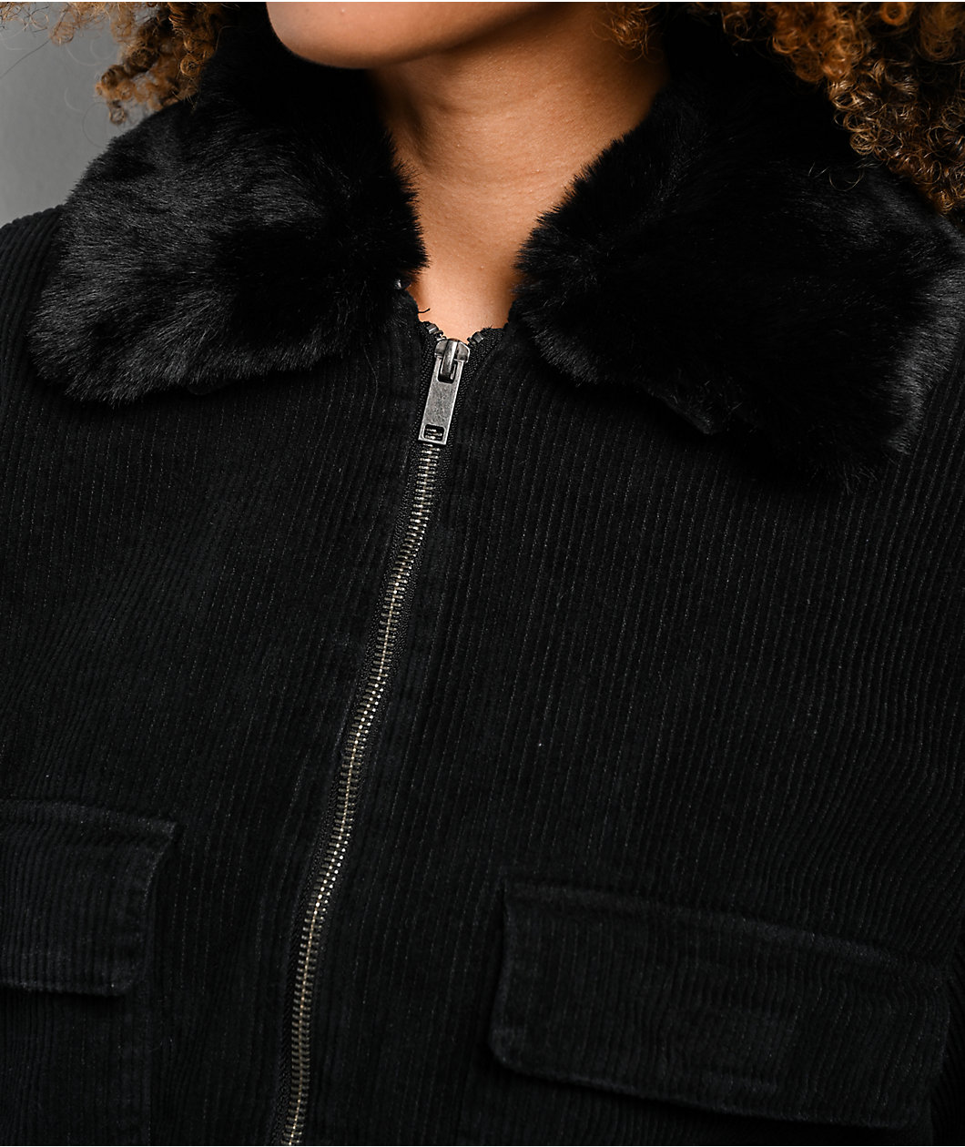 STOOSH Faux Fur Black Corduroy Crop Bomber Jacket