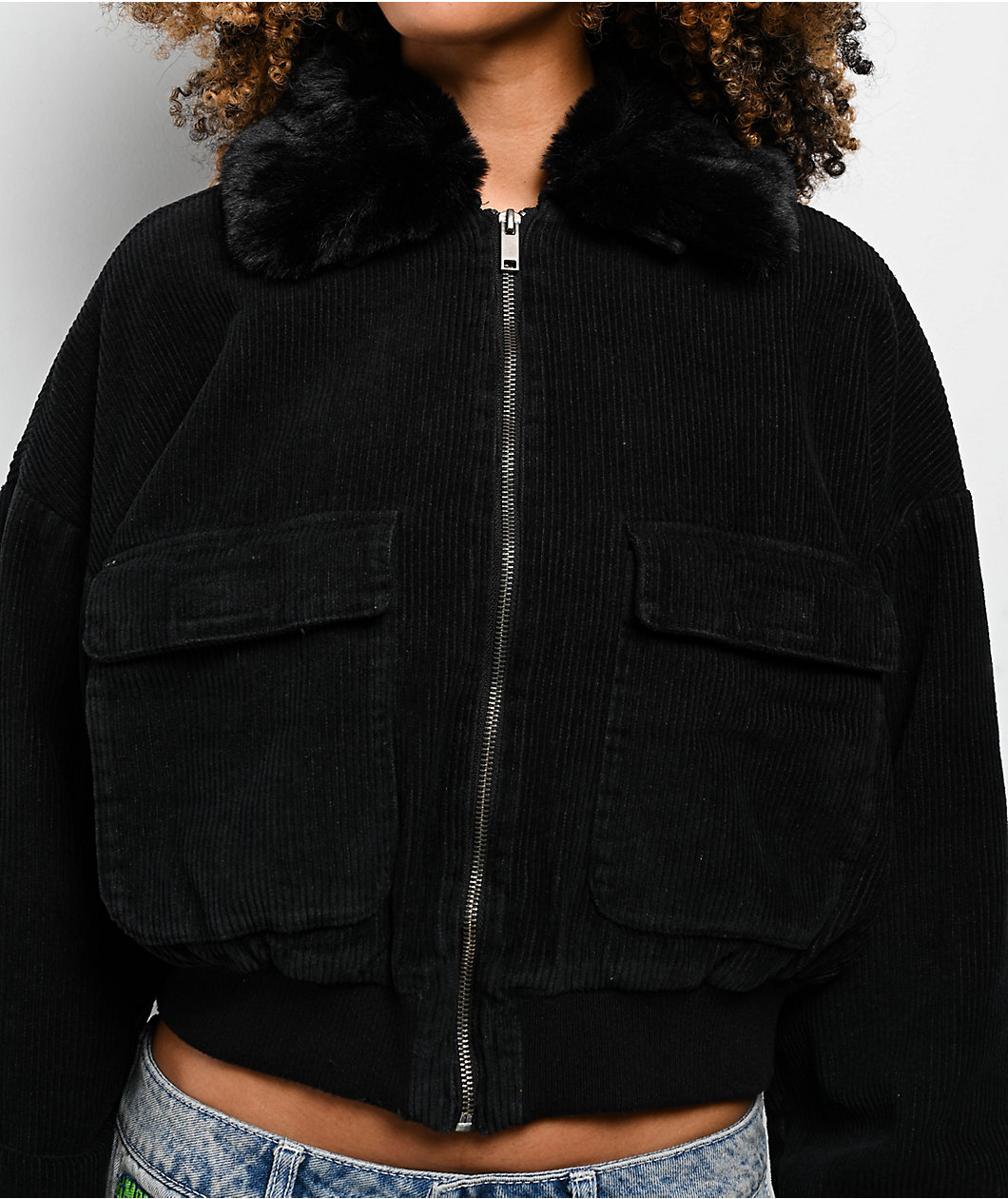 STOOSH Faux Fur Black Corduroy Crop Bomber Jacket