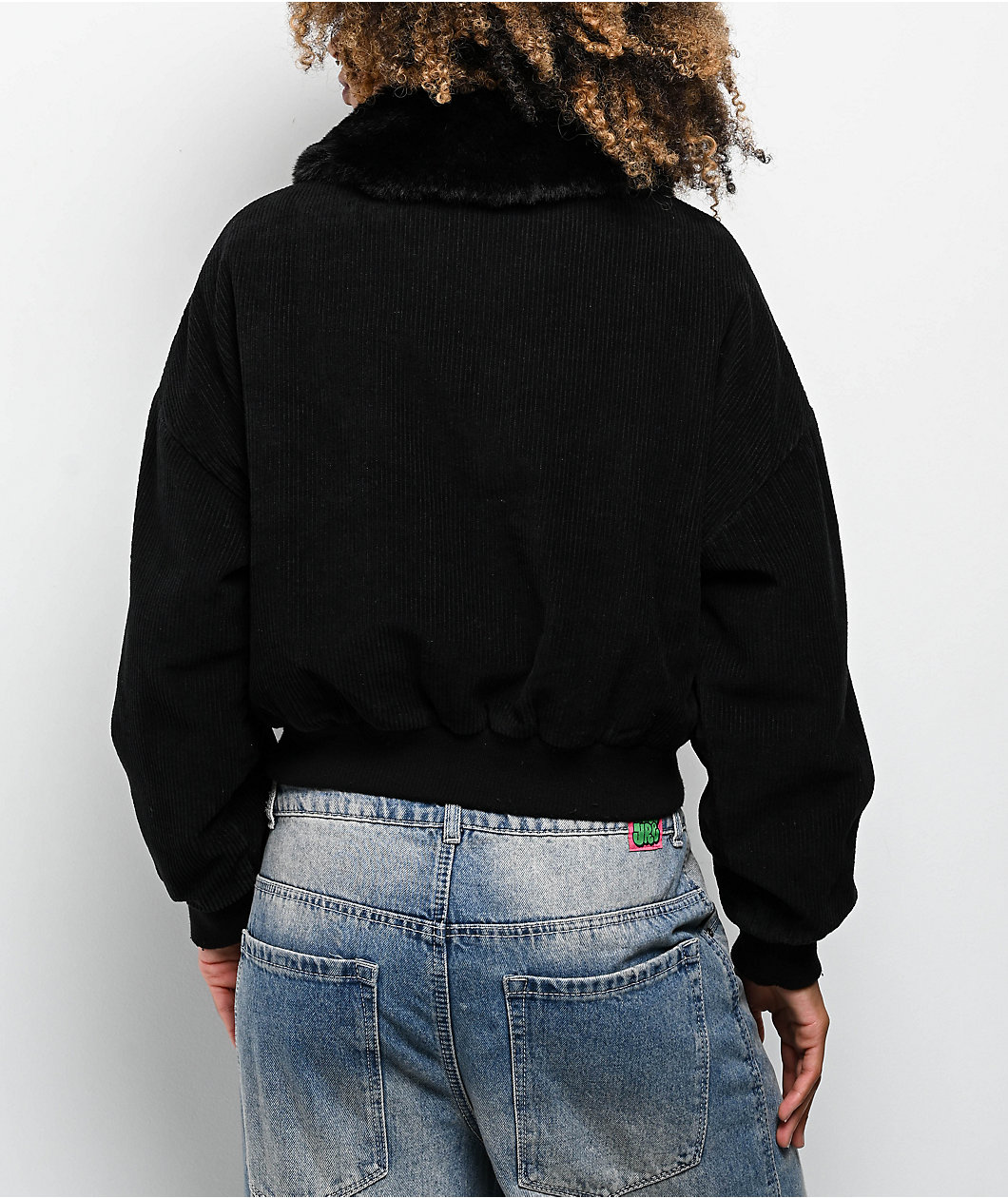 STOOSH Faux Fur Black Corduroy Crop Bomber Jacket